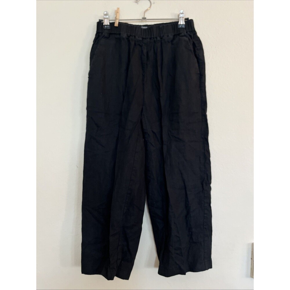 Quince Linen Cropped Pull On Elastic Waist Wide Leg Black Pants SZ XS
